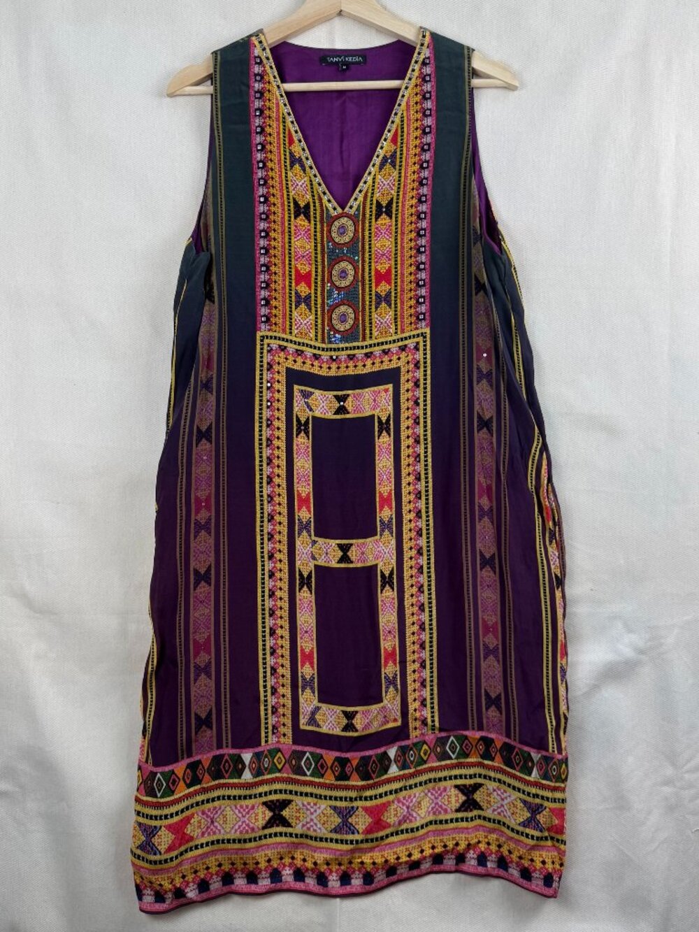 Tanvi Kedia Boho Purple Print Midi Dress with Geometric Trim and Sequins size M